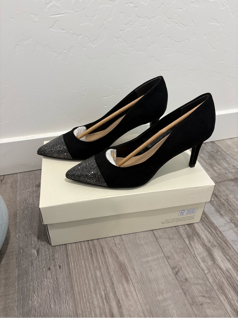 ON 34th Elegant Black Crystal-Toe Mid Heel Pumps for Women